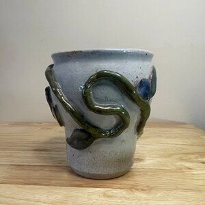 Handmade Studio Pottery Vase Speckled Oatmeal Glaze Sculpted 3D Botanicals